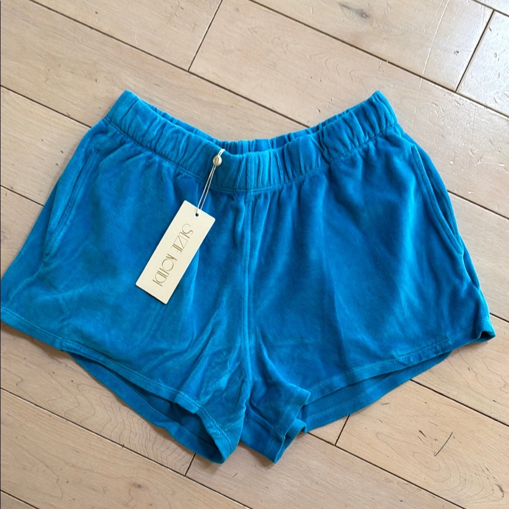 Suzie Kondi Hawaiian ocean blue velour cotton pockets track shorts